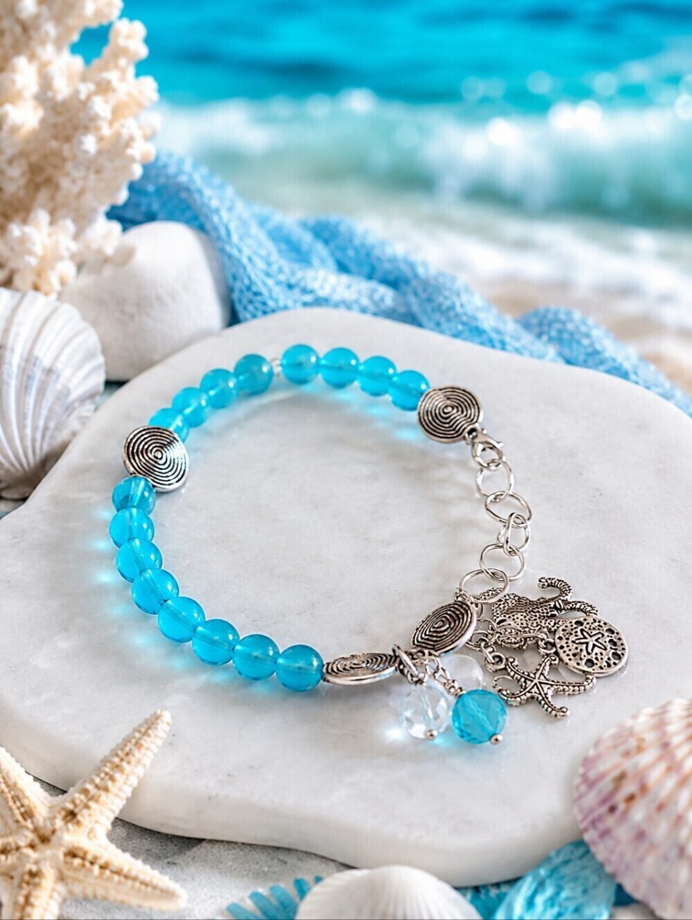 Turquoise Ocean Charm Bracelet | Beach Inspired Beaded Bracelet